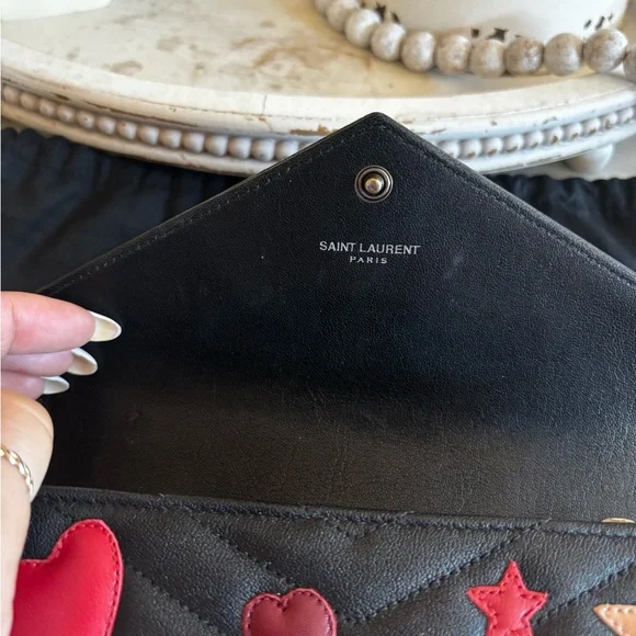 RARE Saint Laurent Calfskin Matelasse Chevron Heart Patchwork Monogram WOC-Black - Picture 9 of 15